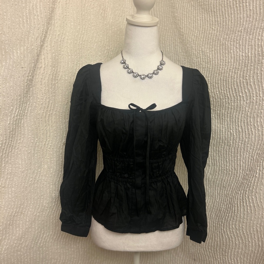 J.Crew Cinched Waist Peasant Top Black Herringbone Cotton NWT Size 0 Boho